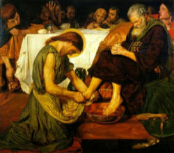 He rose from supper and took off his outer garments. He took a towel and tied it around his waist. Then he poured water into a basin and began to wash the disciples' feet and dry them with the towel around his waist. He rose from supper and took off his outer garments. He took a towel and tied it around his waist. Then he poured water into a basin and began to wash the disciples' feet and dry them with the towel around his waist.