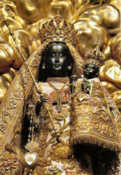 The most important part of the basilica is the Lady Chapel, near the entrance in the west end. Destroyed in 1798 by French invaders, and rebuilt in 1817, above the chapel's altar is the Black Madonna, resplendent in rich robes and surrounded by gold clouds. The most important part of the basilica is the Lady Chapel, near the entrance in the west end. Destroyed in 1798 by French invaders, and rebuilt in 1817, above the chapel's altar is the Black Madonna, resplendent in rich robes and surrounded by gold clouds.