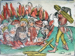 This artwork depicts the burning of Jewish people in the wake of the plague. Along with the horror of the plague, the horror of antisemitism - and hatred of other whole groups of people - multiplied as the disease spread. Frightened and superstitious people sought to blame whole groups of people for what they perceived as the wrath of God. This artwork depicts the burning of Jewish people in the wake of the plague. Along with the horror of the plague, the horror of antisemitism - and hatred of other whole groups of people - multiplied as the disease spread. Frightened and superstitious people sought to blame whole groups of people for what they perceived as the wrath of God.