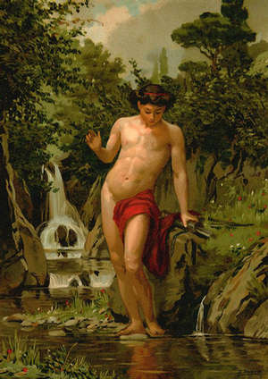 Narcissus in love with his own reflection. Narcissus in love with his own reflection.