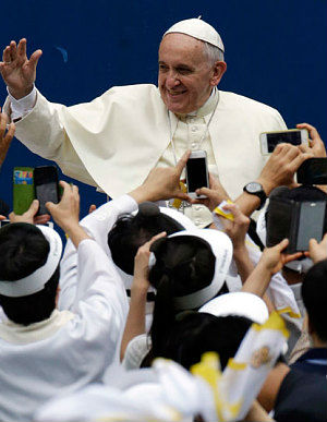 Pope Francis told 200 South Korean government officials that the two Koreas, halved between North and South since the end of the Korean War in 1953, 'has long suffered because of a lack of peace.' Pope Francis told 200 South Korean government officials that the two Koreas, halved between North and South since the end of the Korean War in 1953, 'has long suffered because of a lack of peace.'