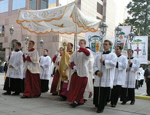 There is also an ancient and beautiful custom in the Latin Rite of the Catholic Church called the Corpus Christi procession. The consecrated Host, the Body of the Lord, is reposed in what is called a monstrance. The term is derived from a Latin phrase which means to show or reveal. The faithful process the Body of the Lord through the streets surrounding their church buildings. This Eucharistic procession can be a powerful witness to an age which has lost its sense of the sacred. There is also an ancient and beautiful custom in the Latin Rite of the Catholic Church called the Corpus Christi procession. The consecrated Host, the Body of the Lord, is reposed in what is called a monstrance. The term is derived from a Latin phrase which means to show or reveal. The faithful process the Body of the Lord through the streets surrounding their church buildings. This Eucharistic procession can be a powerful witness to an age which has lost its sense of the sacred.