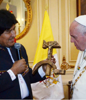 The gift of a 'communist crucifix' from Bolivia's president Evo Morales and uncertainty over the Pope's response fueled controversy for several days, The gift of a 'communist crucifix' from Bolivia's president Evo Morales and uncertainty over the Pope's response fueled controversy for several days,