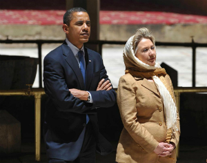 Secret Muslim Obama visits a mosque with Felon-in-Chief, Hillary Clinton.
