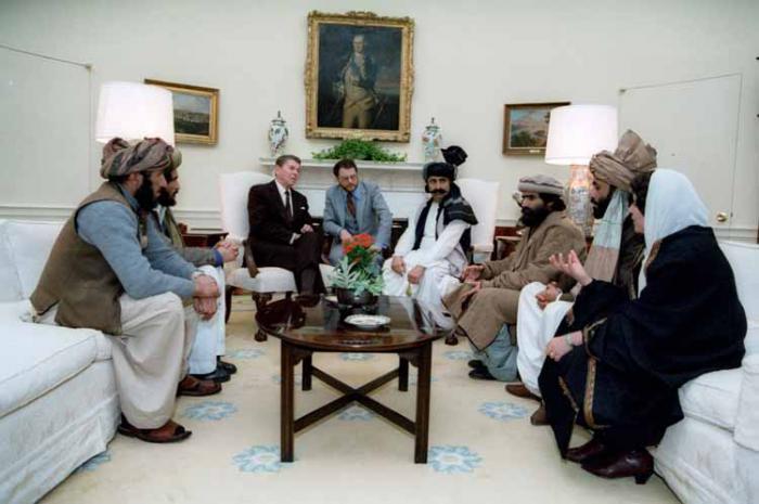 President Reagan meets with Mujaheddin fighters in 1985. Al Qaeda was spawned from this alliance. 
