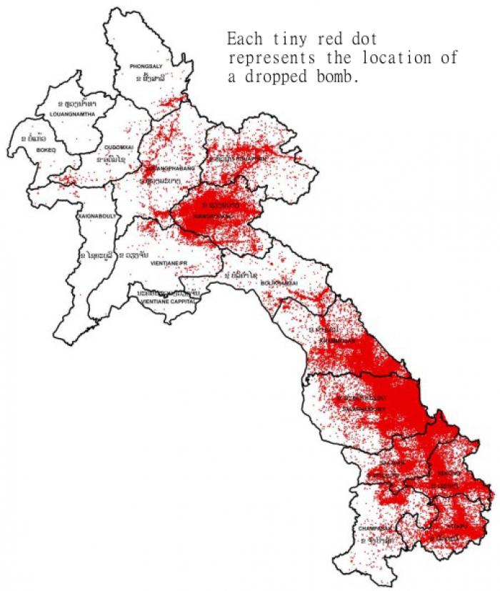 A map of the locations where bombs were dropped on Laos. About 30 percent of the cluster bomb munitions did not detonate on impact. A map of the locations where bombs were dropped on Laos. About 30 percent of the cluster bomb munitions did not detonate on impact.