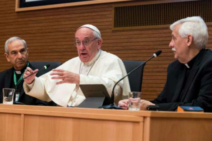Pope Francis addresses the General Congregation of the Society of Jesus in Rome. Pope Francis addresses the General Congregation of the Society of Jesus in Rome.