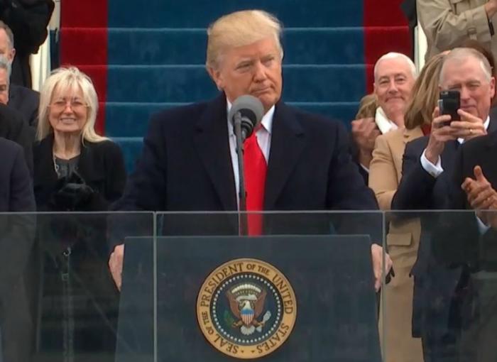 President Donald Trump gives his first presidential speech. President Donald Trump gives his first presidential speech.
