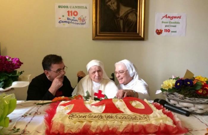 Sister Candida Bellotti (center) at the celebration for her 110th birthday in Italy.