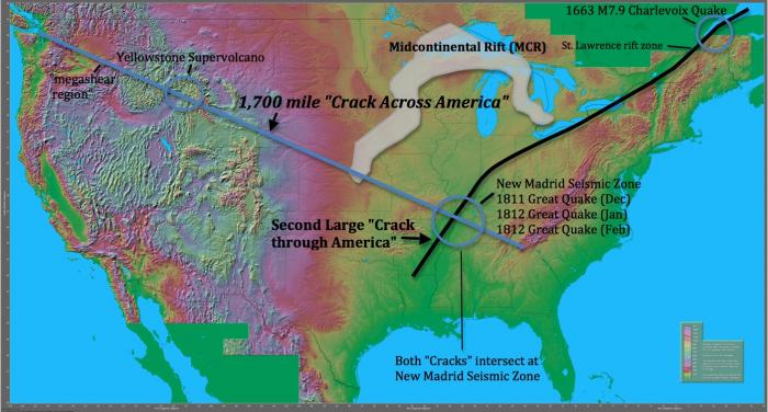 Fig 1. 1,700 mile to 2,200 mile "Crack Across America", "Crack Through America", and Midcontinental Rift (MCR)