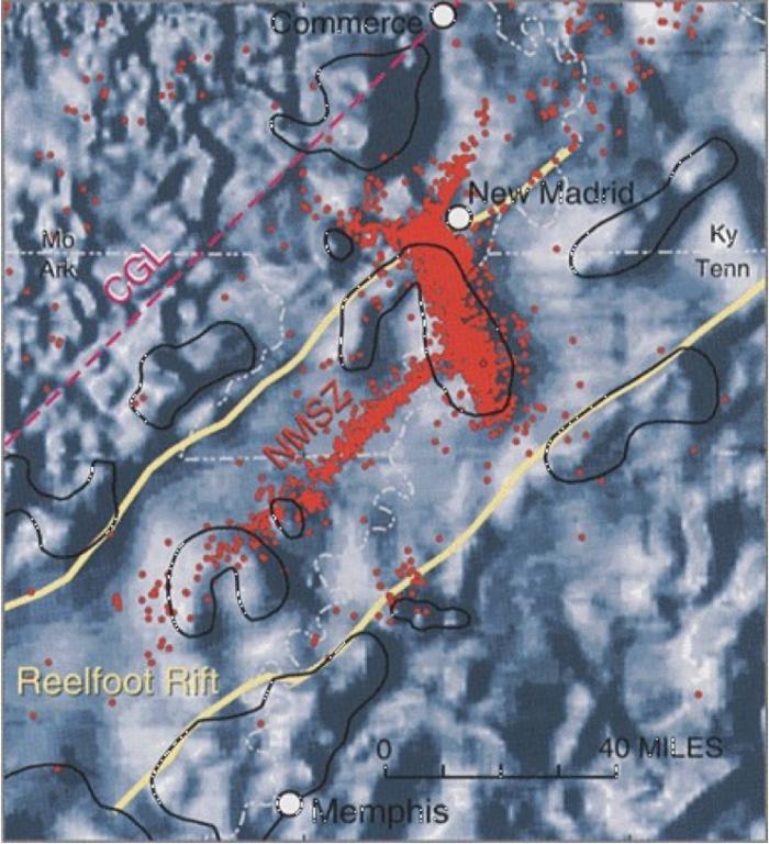 Fig 2. Reelfoot Rift zone image mapped via magnetometer data with overlay of thousands of small earthquakes (red dots). Map shows the northeast trending "Crack Through America" intersection at New Madrid Seismic Zone - follows line of earthquakes.