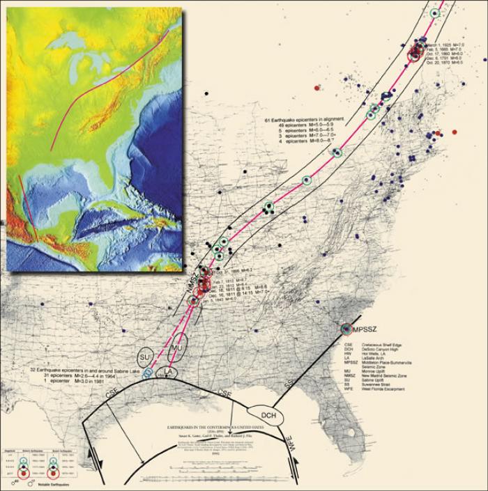 Fig 4. "Crack Through America" Research analysis data & map plot showing path of inferred lineament from frequency, location, & magnitude of quakes.