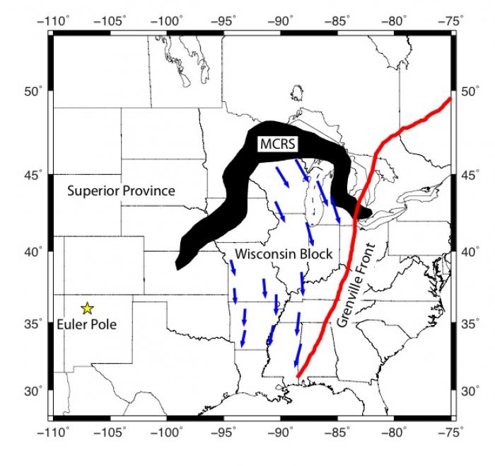Fig 5. Mid Continental Rift System (MCRS) rotation movement & direction towards the New Madrid Seismic Zone. The direction of the blue arrows show the historical intraplate pressure & movement from the southern edge of the Midcontinental Rift System (MCRS) towards the New Madrid Seismic Zone. The MCRS is estimated to be 1.1 Billion years old.