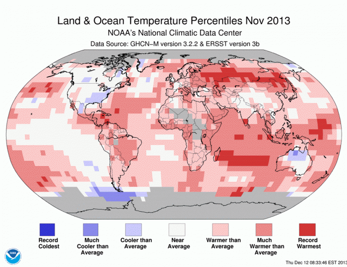 This shows the temperature anomalies for Nov. 2013. Notice the US is fortunate with cooler temperatu This shows the temperature anomalies for Nov. 2013. Notice the US is fortunate with cooler temperatu