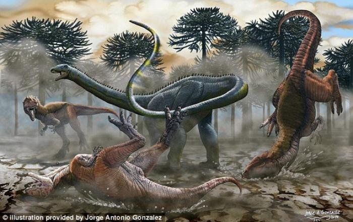 The newly identified South American dinosaur uses its whip-like tail to fend off predators in this 2 The newly identified South American dinosaur uses its whip-like tail to fend off predators in this 2