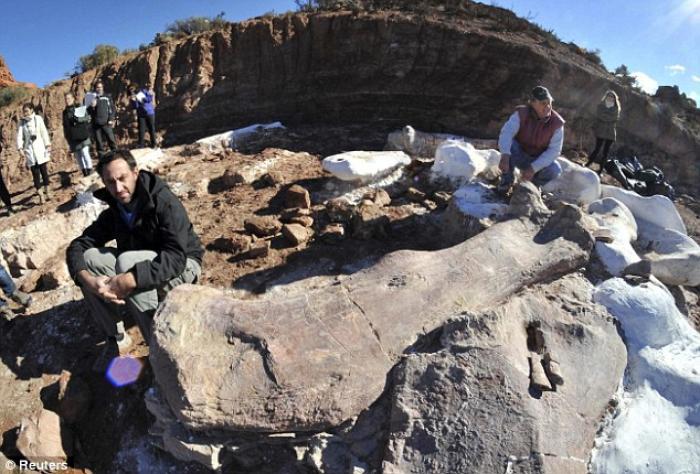Paleontologists Jose Luis Carballido (L) and Ruben Cuneo pose next to the bones of a dinosaur at a Paleontologists Jose Luis Carballido (L) and Ruben Cuneo pose next to the bones of a dinosaur at a