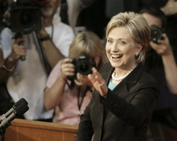 Sen. Hillary Clinton, D-NY., waves to supporters after a speech in Washington, Saturday, June 7, 2008, where she suspended her campaign for president. Image of Sen. Hillary Clinton, D-NY., waves to supporters after a speech in Washington, Saturday, June 7, 2008, where she suspended her campaign for president.