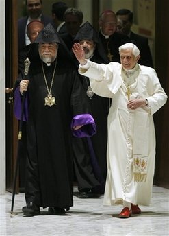 Pope Benedict XVI, right, and Catholicos Aram I, the spiritual head of the Armenian Apostolic Church, arrive for the weekly general audience at the Vatican, Wednesday Nov. 26, 2008. Image of Pope Benedict XVI, right, and Catholicos Aram I, the spiritual head of the Armenian Apostolic Church, arrive for the weekly general audience at the Vatican, Wednesday Nov. 26, 2008.