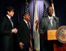 US Congressman Bobby Rush (R) gives support to Former Illinois Attorney General Roland Burris (C) after Illinois Governor Rod Blagojevich (L) introduced him as his choice to fill the US Senate seat vacated by President-elect Barack Obama during a press conference at the Thompson Center in Chicago, Illinois. Image of US Congressman Bobby Rush (R) gives support to Former Illinois Attorney General Roland Burris (C) after Illinois Governor Rod Blagojevich (L) introduced him as his choice to fill the US Senate seat vacated by President-elect Barack Obama during a press conference at the Thompson Center in Chicago, Illinois.