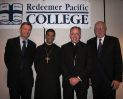 L to R is President Tom Hamel,(Redeemer Pacific College); Rev. Fr. Abbot John Braganza, (Abbot of the Seminary of Christ the King, Westminster Abbey, Mission, BC); Archbishop J. Michael Miller; and Senator Gerry St. Germain, Canadian Senate (RPC Board member and supporter). Image of L to R is President Tom Hamel,(Redeemer Pacific College); Rev. Fr. Abbot John Braganza, (Abbot of the Seminary of Christ the King, Westminster Abbey, Mission, BC); Archbishop J. Michael Miller; and Senator Gerry St. Germain, Canadian Senate (RPC Board member and supporter).