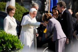 When Pope Benedict XVI visited the United States, the Speaker of the House was pleased to greet him and use the public gesture of kissing his ring, a sign of respect for his office. She has regularly called herself an Image of When Pope Benedict XVI visited the United States, the Speaker of the House was pleased to greet him and use the public gesture of kissing his ring, a sign of respect for his office. She has regularly called herself an