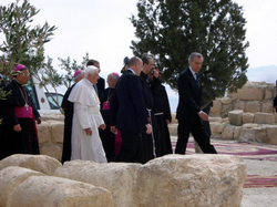 Speaking to the group, Pope Benedict noted the fittingness of starting his pilgrimage “where Moses contemplated the Promised Land from afar.” “The magnificent prospect which opens up from the esplanade of this shrine invites us to ponder how that prophetic vision mysteriously embraced the great plan of salvation which God prepared for his People,” he said. Image of Speaking to the group, Pope Benedict noted the fittingness of starting his pilgrimage “where Moses contemplated the Promised Land from afar.” “The magnificent prospect which opens up from the esplanade of this shrine invites us to ponder how that prophetic vision mysteriously embraced the great plan of salvation which God prepared for his People,” he said.