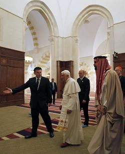At around 5 p.m. on Sunday, after having celebrated a two and a half hour Mass earlier in the day, Pope Benedict traveled to the site where Jesus was baptized, accompanied by Jordan's King Abdullah II and his wife, Queen Rania. Image of At around 5 p.m. on Sunday, after having celebrated a two and a half hour Mass earlier in the day, Pope Benedict traveled to the site where Jesus was baptized, accompanied by Jordan's King Abdullah II and his wife, Queen Rania.
