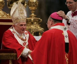 The Holy father bestowing the Pallium on Archbishop Timothy Dolan of New York. Image of The Holy father bestowing the Pallium on Archbishop Timothy Dolan of New York.