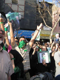 Thousands of Iranians hit the streets of Tehran on Monday, blocking streets of the capitol from the north side to the south side to support Mir Hossein Mousavi, the Iranian reformist presidential candidate. Image of Thousands of Iranians hit the streets of Tehran on Monday, blocking streets of the capitol from the north side to the south side to support Mir Hossein Mousavi, the Iranian reformist presidential candidate.