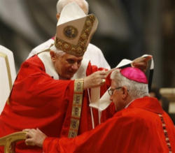 The pallium, worn by the Pope and archbishops, symbolizes the lost sheep that is found again, carried on the shoulders of the Good Shepherd, and the Lamb crucified for the salvation of humanity. Image of The pallium, worn by the Pope and archbishops, symbolizes the lost sheep that is found again, carried on the shoulders of the Good Shepherd, and the Lamb crucified for the salvation of humanity.