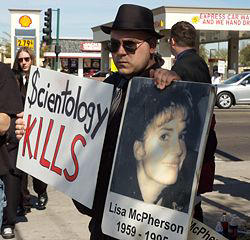 Protestor outside of a scientology center. In the second installment of a three-part series on Scientology, new light has been shed on the death of Lisa McPherson, who worked for a company owned by fellow Scientologists. Image of Protestor outside of a scientology center. In the second installment of a three-part series on Scientology, new light has been shed on the death of Lisa McPherson, who worked for a company owned by fellow Scientologists.
