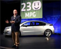GM CEO Fritz Henderson unveiling the Chevrolet Volt. Image of GM CEO Fritz Henderson unveiling the Chevrolet Volt.