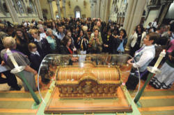 Relics of St. Therese on display for veneration by the faithful. Image of Relics of St. Therese on display for veneration by the faithful.