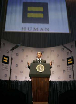 (President Barack Obama at Human Rights Campaign Banquet) 'Thank you for the work you're doing. God bless you. God bless America'. Image of (President Barack Obama at Human Rights Campaign Banquet) 'Thank you for the work you're doing. God bless you. God bless America'.