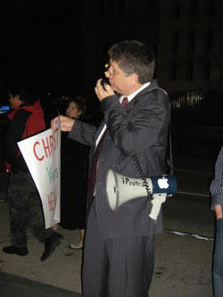 Randall Terry, founder of Operation Rescue and pro-life activist, stood with his bullhorn Saturday evening outside the Washington Convention Center and challenged the crowd to stop killing babies. Image of Randall Terry, founder of Operation Rescue and pro-life activist, stood with his bullhorn Saturday evening outside the Washington Convention Center and challenged the crowd to stop killing babies.