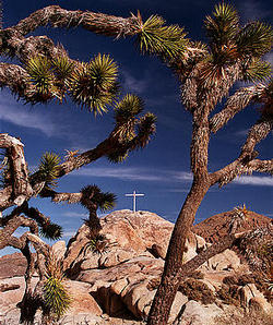 A cross was erected atop Sunrise Rock in the Mojave National Preserve years ago to honor the war dead. Image of A cross was erected atop Sunrise Rock in the Mojave National Preserve years ago to honor the war dead.