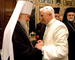 Relations between the Russian Orthodox and Roman Catholic Churches are improving and a meeting between Pope Benedict XVI and the Patriarch Kirill of Moscow and All Russia, may be in the cards. Image of Relations between the Russian Orthodox and Roman Catholic Churches are improving and a meeting between Pope Benedict XVI and the Patriarch Kirill of Moscow and All Russia, may be in the cards.