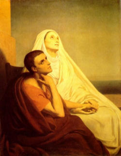 (Monica and Augustine) St. Monica is the patron saint of resting Catholics.She was a faithful wife and mother who prayed for years for her son to embrace the Christian faith. Image of (Monica and Augustine) St. Monica is the patron saint of resting Catholics.She was a faithful wife and mother who prayed for years for her son to embrace the Christian faith.