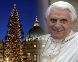 Pope Benedict XVI and the Christmas tree in the background. Image of Pope Benedict XVI and the Christmas tree in the background.