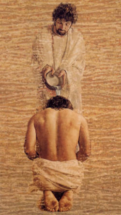 Jesus rises from the waters; the world rises with him. The heavens, like Paradise with its flaming sword, closed by Adam for himself and his descendants, are rent open. Image of Jesus rises from the waters; the world rises with him. The heavens, like Paradise with its flaming sword, closed by Adam for himself and his descendants, are rent open.