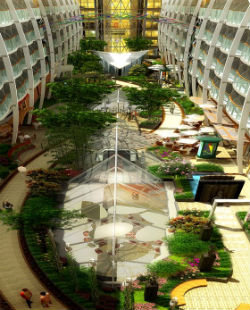 Oasis of the Seas has a handsome promenade where visitors can buy everything from cupcakes to gold chains, pizza parlors to karaoke bars. Oasis of the Seas has a handsome promenade where visitors can buy everything from cupcakes to gold chains, pizza parlors to karaoke bars.