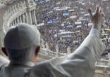 Pope Benedict XVI greets a crowd of over 200,000 in Rome. Image of Pope Benedict XVI greets a crowd of over 200,000 in Rome.