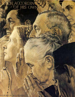 'Religious freedom, in turn, which men demand as necessary to fulfill their duty to worship God, has to do with immunity from coercion in civil society. Therefore it leaves untouched traditional Catholic doctrine on the moral duty of men and societies toward the true religion and toward the one Church of Christ.' 'Religious freedom, in turn, which men demand as necessary to fulfill their duty to worship God, has to do with immunity from coercion in civil society. Therefore it leaves untouched traditional Catholic doctrine on the moral duty of men and societies toward the true religion and toward the one Church of Christ.'