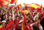 Spanish youth celebrate the arrival of Pope Benedict XVI for World Youth Day in Madrid, Spain. Image of Spanish youth celebrate the arrival of Pope Benedict XVI for World Youth Day in Madrid, Spain.