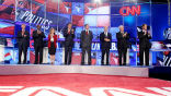 The Republican contenders at the Tea Party Express debate on Monday. Image of The Republican contenders at the Tea Party Express debate on Monday.