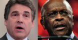 Cain and Perry are beginning to face off publicly after Cain beat Perry in the Florida straw poll. Image of Cain and Perry are beginning to face off publicly after Cain beat Perry in the Florida straw poll.
