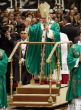 Pope Benedict on his new moving platform which allows him to conserve his strength during services. Image of Pope Benedict on his new moving platform which allows him to conserve his strength during services.