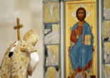 Pope Benedict XVI bowing before an Icon of Jesus Christ Image of Pope Benedict XVI bowing before an Icon of Jesus Christ