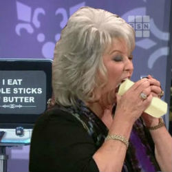 Paula Deen deflected criticism of her fat and sugar-centric cooking. She says her show preaches a message of moderation and has not had to change the way she eats because she follows that directive herself. Paula Deen deflected criticism of her fat and sugar-centric cooking. She says her show preaches a message of moderation and has not had to change the way she eats because she follows that directive herself.
