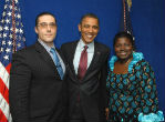 Obama pictured with the accused couple. Assongba and her husband may have scammed nearly a million dollars from victims -- and donated some of the money to Obama. Image of Obama pictured with the accused couple. Assongba and her husband may have scammed nearly a million dollars from victims -- and donated some of the money to Obama.